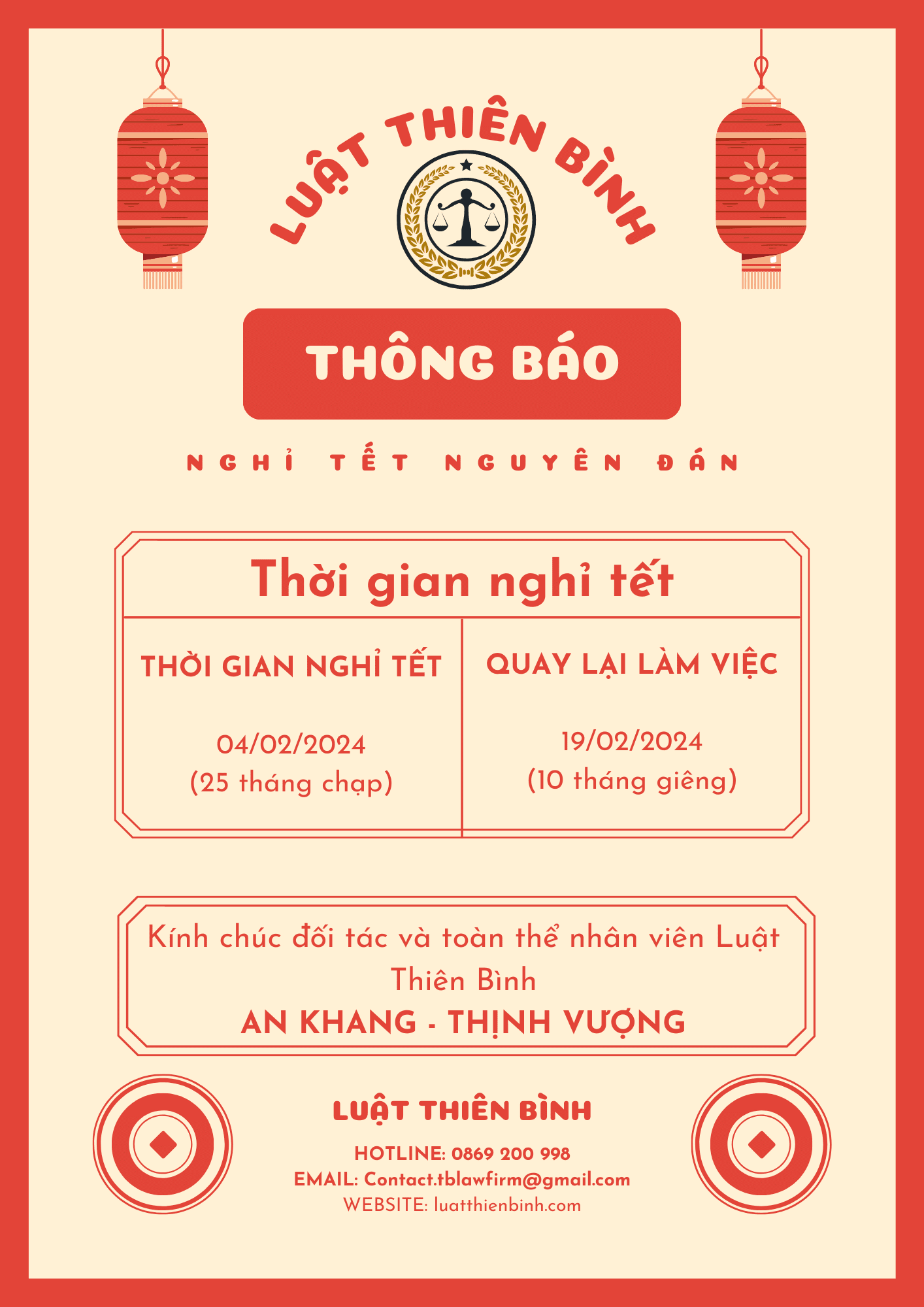 Thông báo lịch nghỉ tết nguyên đán 2024 - Luật Thiên Bình